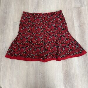 Janeville Womens Skirt Size 14 Red Green Black 100% Silk A Line Rose Print Lined